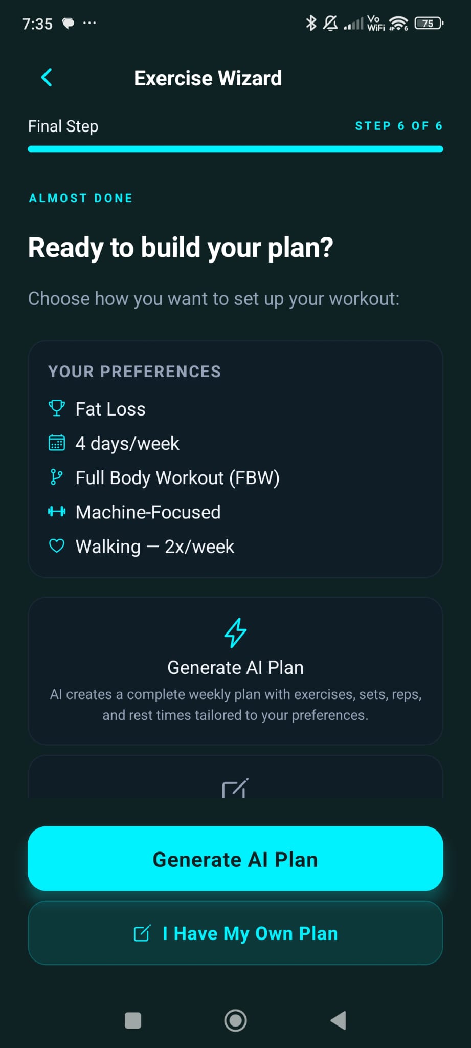 Exercise Wizard — Plan Summary